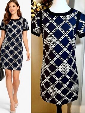 TRINA TURK Navy Cream Geometric Diamond Print Career Shift Dress Sz 0💛